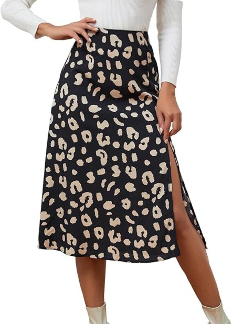 Leopard Printed High Waist Side Split Hem Zipper Midi Skirt Black